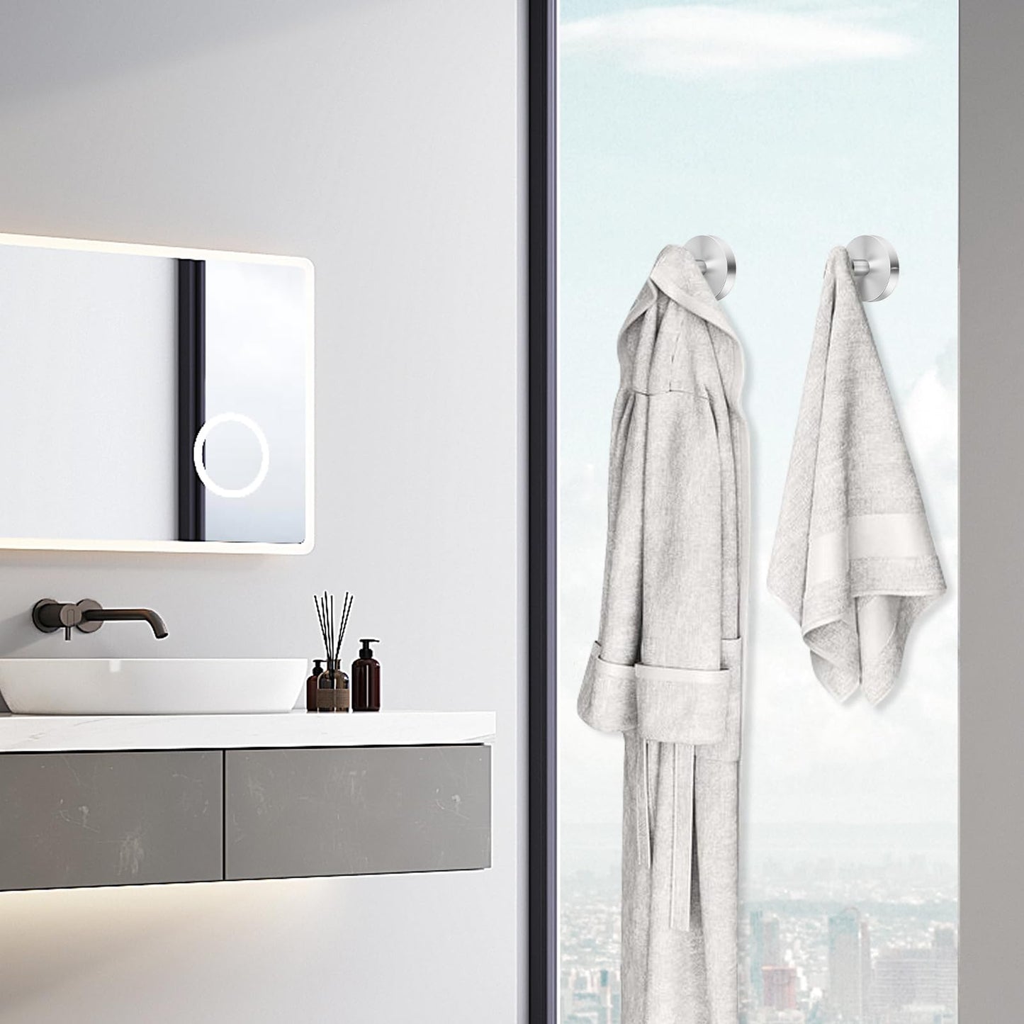 HRMNUS Suction Cup Hooks for Shower, Bathroom,Glass Door, Mirror, Kitchen,Tile – Loofah, Towel, Coat, No-Drill Bath Robe Hook Holder for Hanging up to 15 lbs Removable Wall Hooks,Brushed silver,2packs