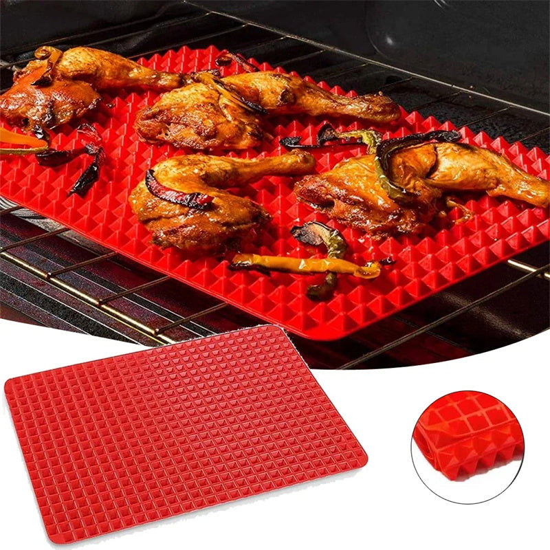 Cook healthier meals with this non-stick silicone pyramid mat. Perfect for roasting, grilling, and baking. Heat-resistant, reusable, and easy to clean.
